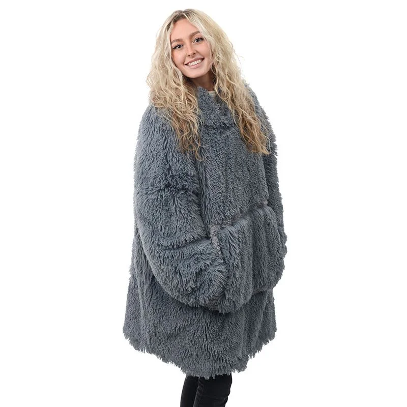 ---Shaggy Shoodie Hooded Fleece Grey - One Size