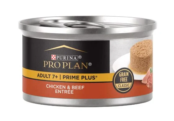    - High-fiber cat food  Purina Pro Plan PRIME PLUS Senior Adult 7+ Chicken & Beef Entrée Classic Wet Cat Food