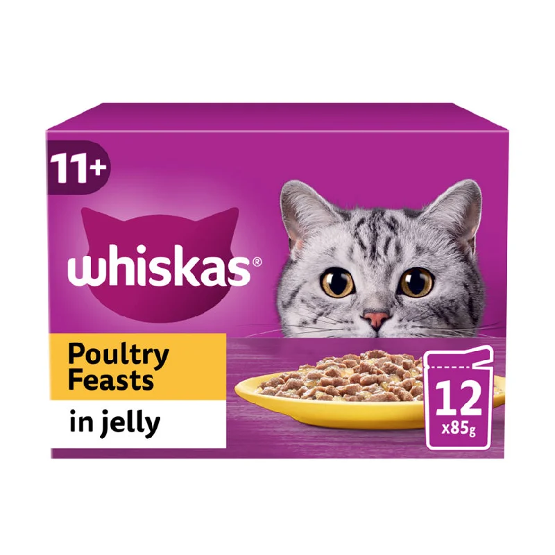    - Chicken flavor cat food  Whiskas 11+ Poultry Feasts Senior Wet Cat Food Pouches in Jelly